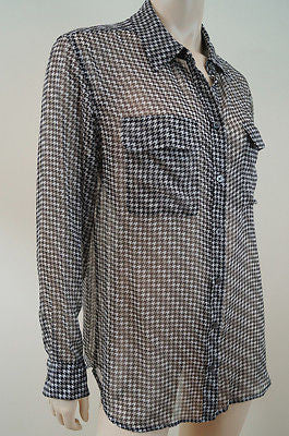EQUIPMENT FEMME Black Cream Silk Geometric Dogtooth Print Sheer Evening Blouse M