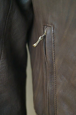 DOM & RUBY Women's Brown Leather Large Collar Fitted Zipper Biker Jacket UK14
