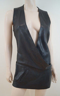 BARBARA BUI Designer Black Lamb Leather & Python Plunge V Neck Long Length Top