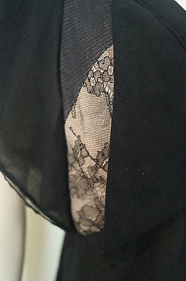 VANESSA BRUNO Black Sheer Plunge V Neck Lace Insert Cap Sleeve Top FR40 UK12