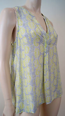 JOIE Grey Lime Green & White 100% Silk Geometric Print V Neck Sleeveless Top M