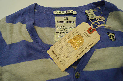 SCOTCH SHRUNK Boy's Purple & Grey Stripe Knitted Cotton V Neck Cardigan Top BNWT