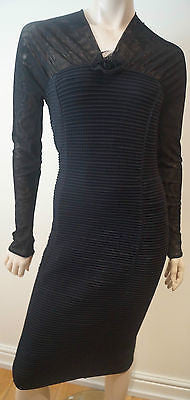 WOLFORD Black Sheer Neckline & Long Sleeves Chunky Rib Fitted Pencil Dress Sz:S