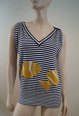 FARHI By NICOLE FARHI Navy White Stripe Fish Detail Cotton Knit Sleeveless Top M