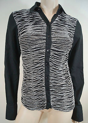 ANNE FONTAINE Black & White Ruffle Detail Collared Long Sleeve Blouse Shirt Top