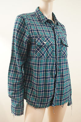 ZADIG & VOLTAIRE Mint Green Navy Check Cotton Long Sleeve Blouse Shirt Top SzM