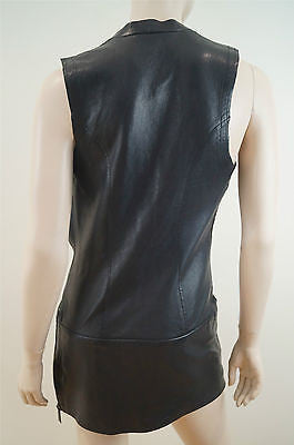 BARBARA BUI Designer Black Lamb Leather & Python Plunge V Neck Long Length Top