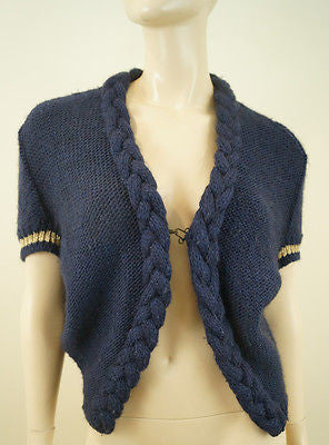 MAJE Navy Blue & Gold Wool / Alpaca Blend Plaited Neckline Cardigan Top Sz:M
