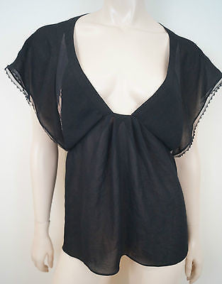 VANESSA BRUNO Black Sheer Plunge V Neck Lace Insert Cap Sleeve Top FR40 UK12