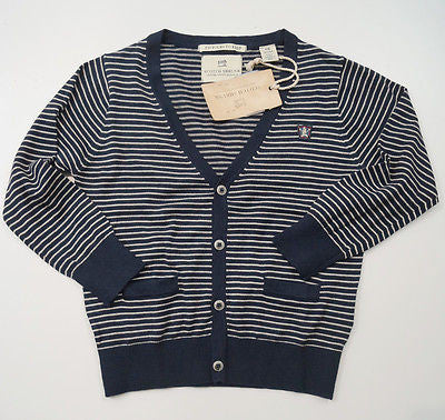 SCOTCH SHRUNK Boy's Navy & Cream Stripe Knitted Cotton V Neck Cardigan Top BNWT