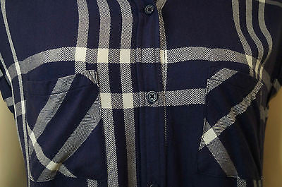 RAILS Blue & Cream Check Cap Sleeve Collared Casual Summer Blouse Shirt Top Sz:M