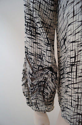 PARKER Black & White 100% Silk Geometric Print Mesh Cut Out Blouse Top Sz:L