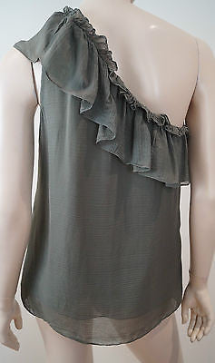 MILLY OF NEW YORK Khaki Olive Green Silk Ruffle Trim One Shoulder Top US8 UK12