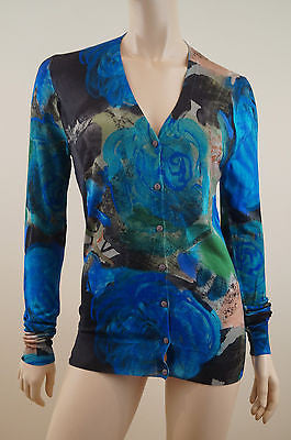 CHRISTOPHER KANE RUNWAY Blue Green Floral Print Silk / Wool Cardigan Sz:L BNWT