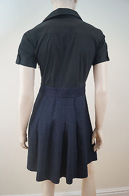 THEORY Black & Navy Wool Linen Blue Short Sleeve Mini Pleated Skater Dress UK8