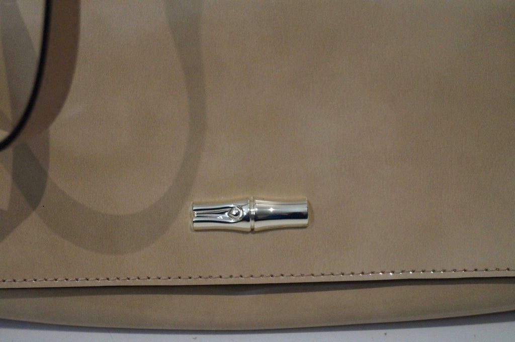 LONGCHAMP Beige Leather Sheen Silver Tone Detachable Shoulder Strap Clutch Bag