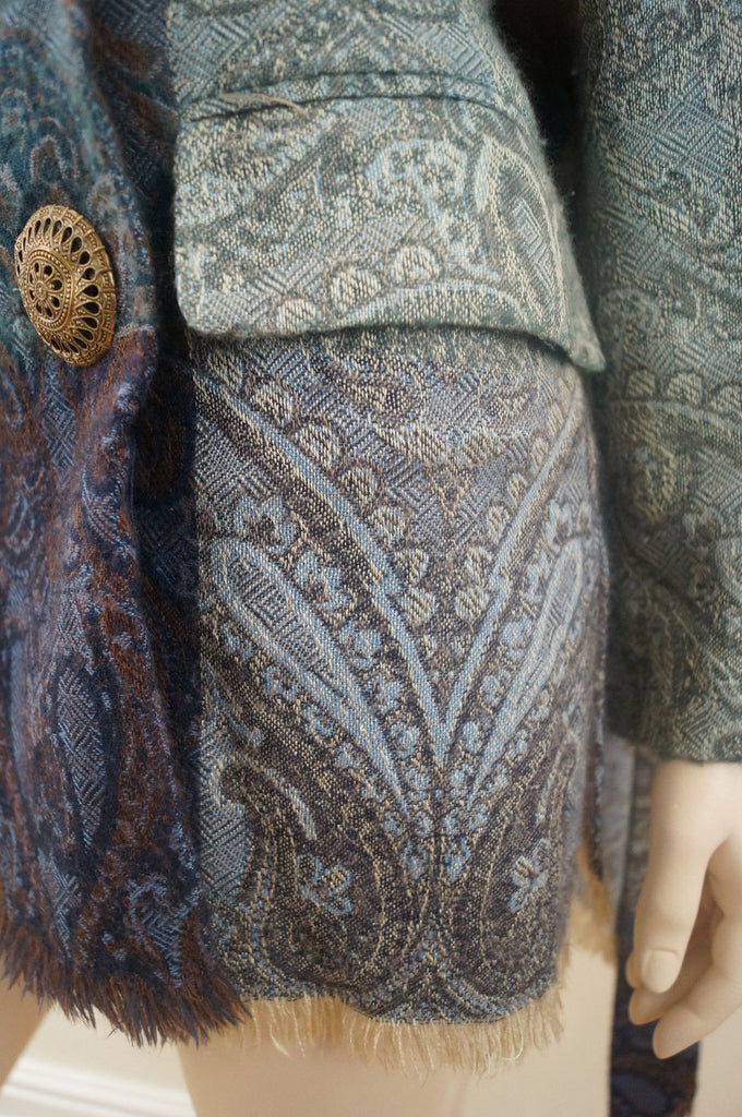 GIANFRANCO FERRE Greens Blues Wool / Cashmere Paisley Print Jacket & Scarf Sz:42