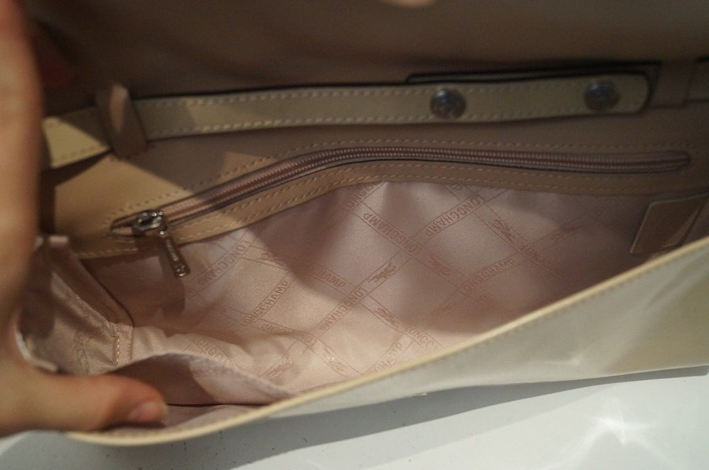 LONGCHAMP Beige Leather Sheen Silver Tone Detachable Shoulder Strap Clutch Bag