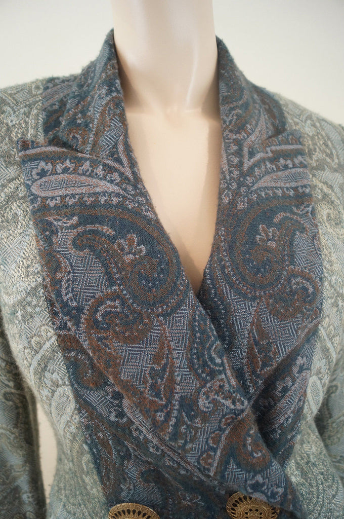 GIANFRANCO FERRE Greens Blues Wool / Cashmere Paisley Print Jacket & Scarf Sz:42