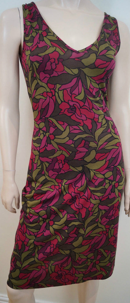 DIANE VON FURSTENBERG Khaki Pink Floral Abstract Print V Neck Sleeveless Dress