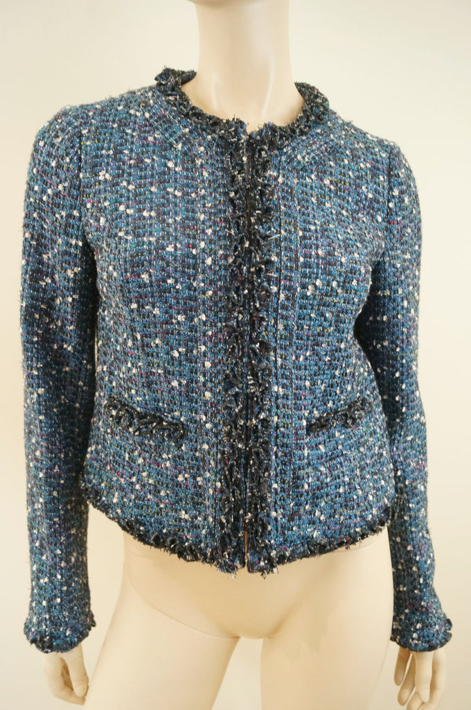 TORY BURCH Blue & Silver Metallic Boucle Tweed Long Sleeve Cropped Jacket UK10