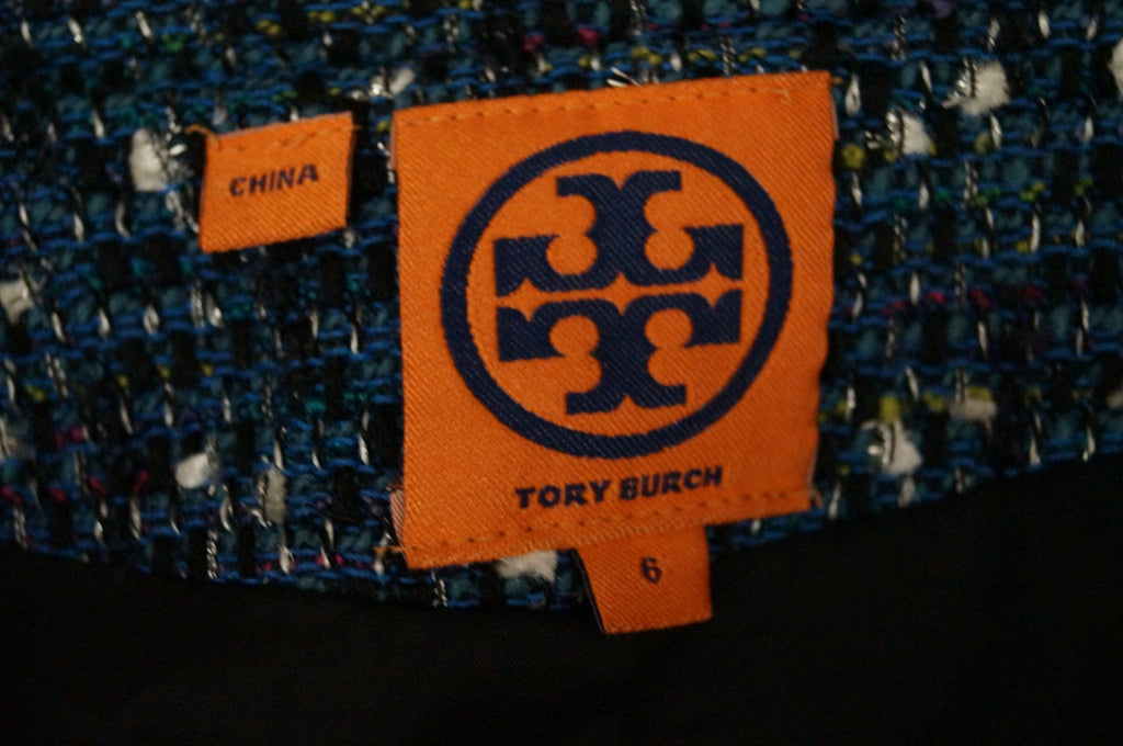 TORY BURCH Blue & Silver Metallic Boucle Tweed Long Sleeve Cropped Jacket UK10