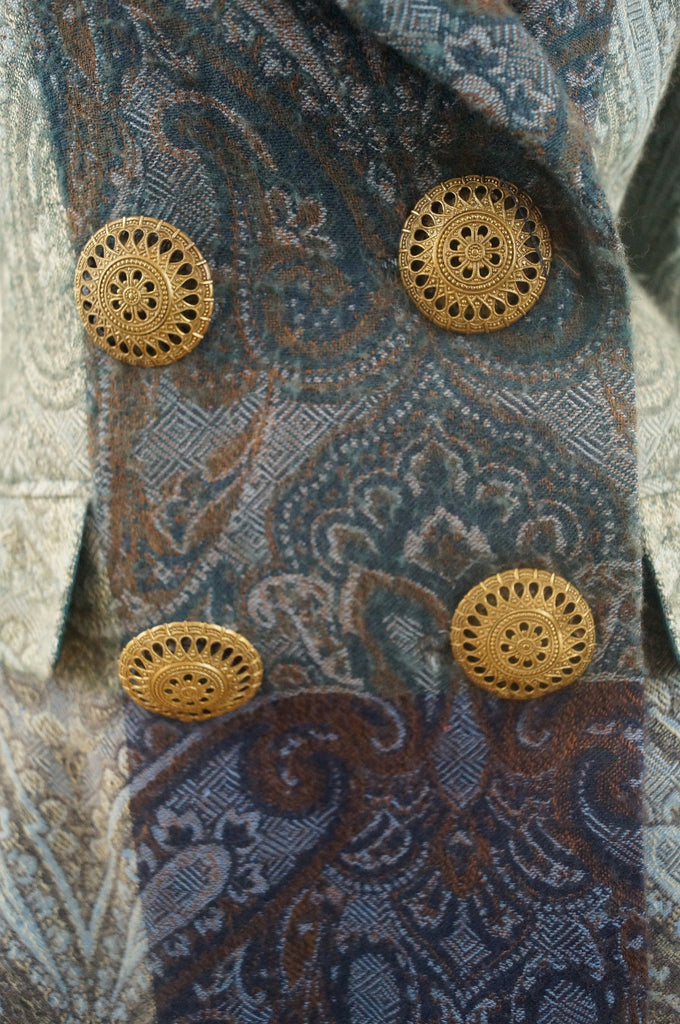 GIANFRANCO FERRE Greens Blues Wool / Cashmere Paisley Print Jacket & Scarf Sz:42