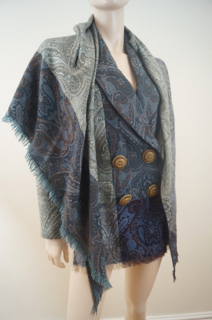 GIANFRANCO FERRE Greens Blues Wool / Cashmere Paisley Print Jacket & Scarf Sz:42