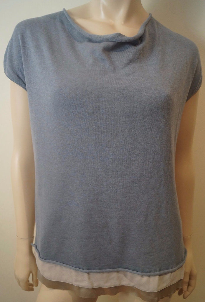FABIANA FILIPPI Blue & Cream 100% Cotton Round Neck Short Sleeve Top UK12