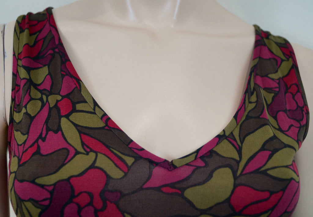 DIANE VON FURSTENBERG Khaki Pink Floral Abstract Print V Neck Sleeveless Dress