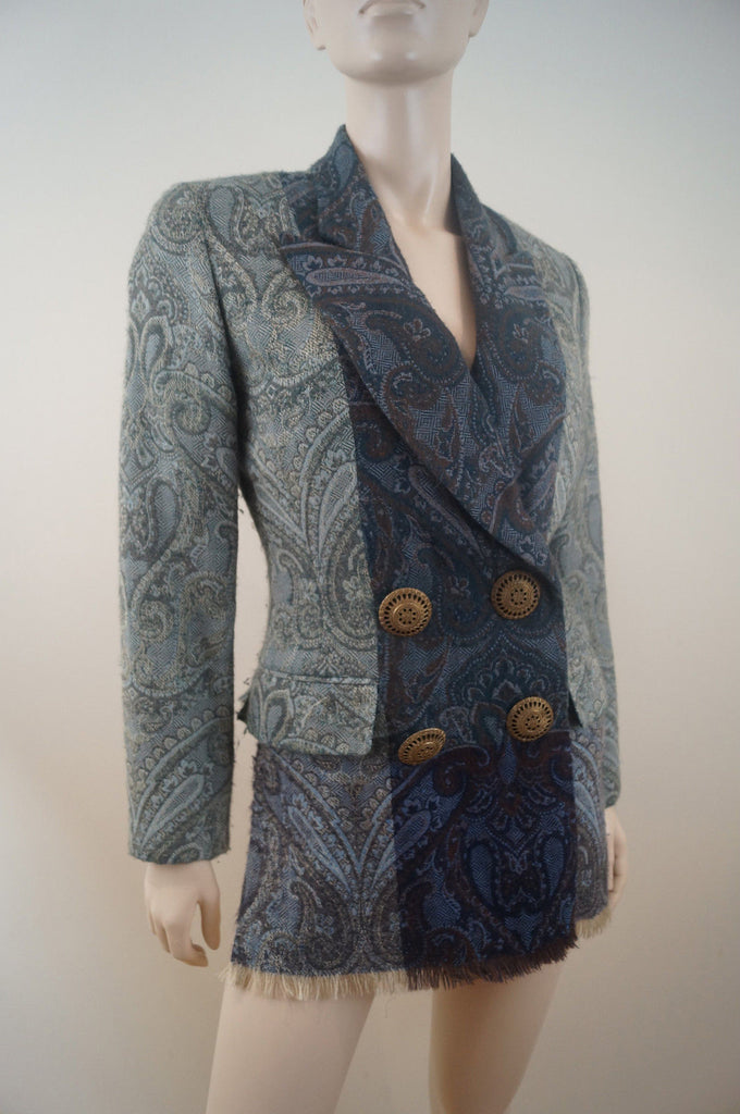 GIANFRANCO FERRE Greens Blues Wool / Cashmere Paisley Print Jacket & Scarf Sz:42