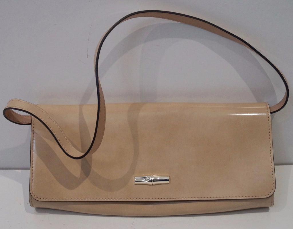 LONGCHAMP Beige Leather Sheen Silver Tone Detachable Shoulder Strap Clutch Bag