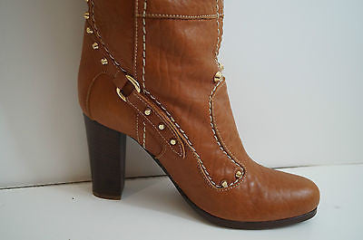 PAN TULIPANI Made In Italy Tan Leather Gold Stud Tall Length Boots EU41; UK8