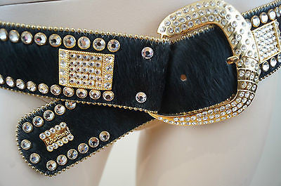 B.B.SIMON Black Fur Gold Tone Hardware & Swarvoski Crystal Embellished Belt XL