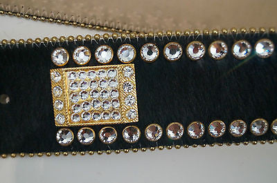 B.B.SIMON Black Fur Gold Tone Hardware & Swarvoski Crystal Embellished Belt XL