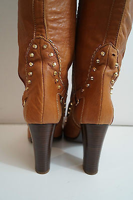 PAN TULIPANI Made In Italy Tan Leather Gold Stud Tall Length Boots EU41; UK8