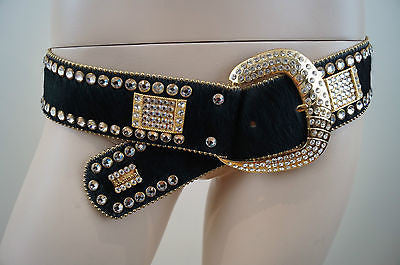 B.B.SIMON Black Fur Gold Tone Hardware & Swarvoski Crystal Embellished Belt XL