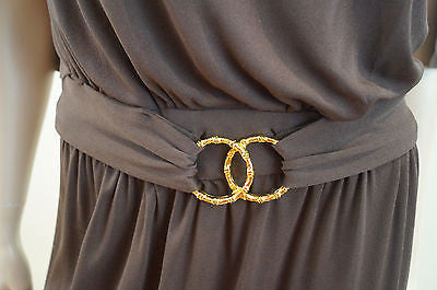 MILLY OF NEW YORK Chocolate Brown Gold Tone Waist Detail Pleated Evening Dress M