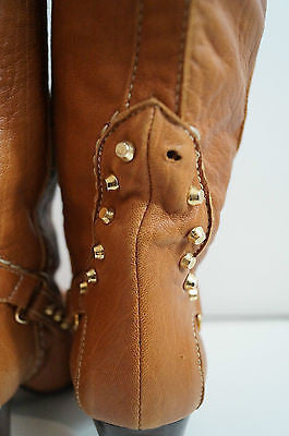 PAN TULIPANI Made In Italy Tan Leather Gold Stud Tall Length Boots EU41; UK8