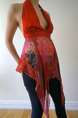 BORHAM BASMA UK Designer Red Silk Fitted Halter Neck Backless Party Top XS