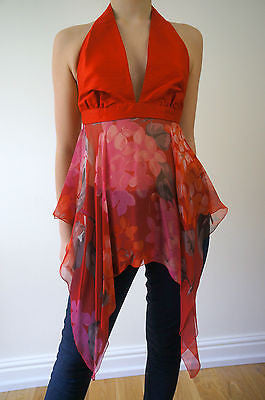 BORHAM BASMA UK Designer Red Silk Fitted Halter Neck Backless Party Top XS