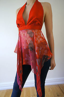 BORHAM BASMA UK Designer Red Silk Fitted Halter Neck Backless Party Top XS