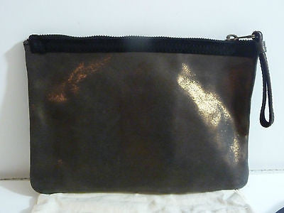 LANVIN PARIS Bronze Leather Metallic Small Evening Zip Top Clutch Bag / Purse