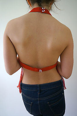 BORHAM BASMA UK Designer Red Silk Fitted Halter Neck Backless Party Top XS