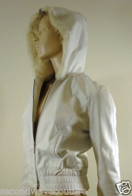 SEBBA LIAMIS Designer Soft White Leather Jacket With White Fur Collar / Hood