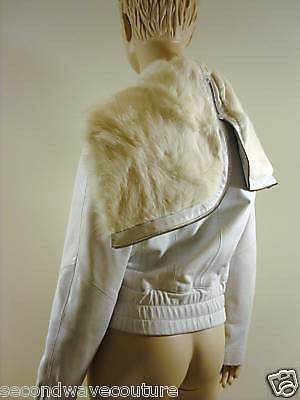 SEBBA LIAMIS Designer Soft White Leather Jacket With White Fur Collar / Hood