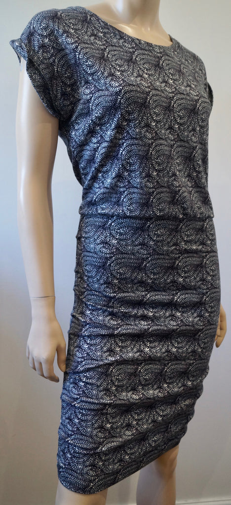 MAJE Black Blue White REPTILE Print Round Neckline Short Sleeve Jersey Dress 2