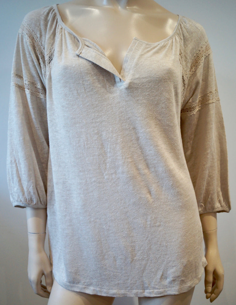 GERARD DAREL Beige Linen Fine Knit Cream Lace Detail 3/4 Sleeve Jumper Sweater 2