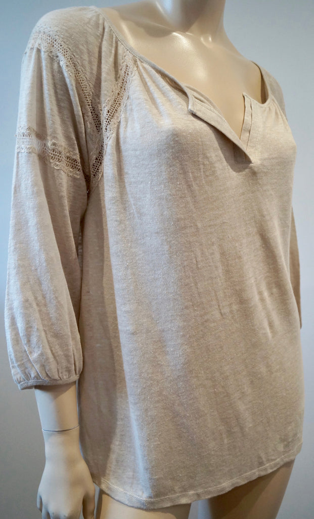 GERARD DAREL Beige Linen Fine Knit Cream Lace Detail 3/4 Sleeve Jumper Sweater 2
