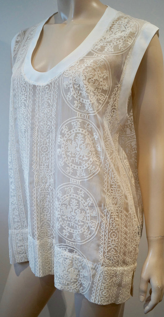 HOTEL PARTICULIER Italy Cream Sheer Cotton Embroidery Silk Trim Sleeveless Top S